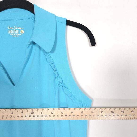 Lilly Pulitzer SMALL Top UPF 50+ Luxletic Martina Polo Blue Sleeveless Ruffle - Picture 4 of 11
